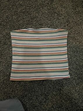 American Eagle Outfitters White Ribbed Tube Crop Top with Rainbow Stripes